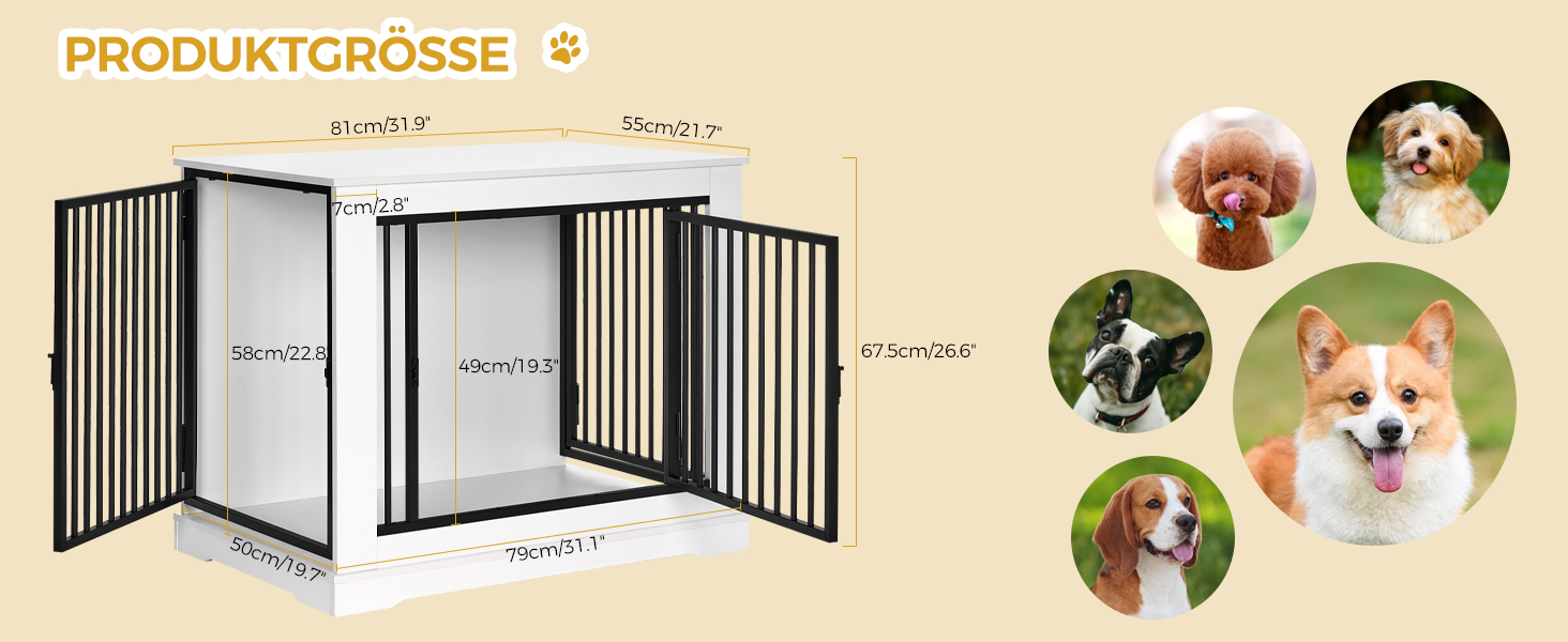 BEWISHOME Клітка для собак, 81 см, дерев'яна, з 3 дверцятами, біла, для дому, Beistelltisch (табличка), 81x55x67.5 см, EMGL03W