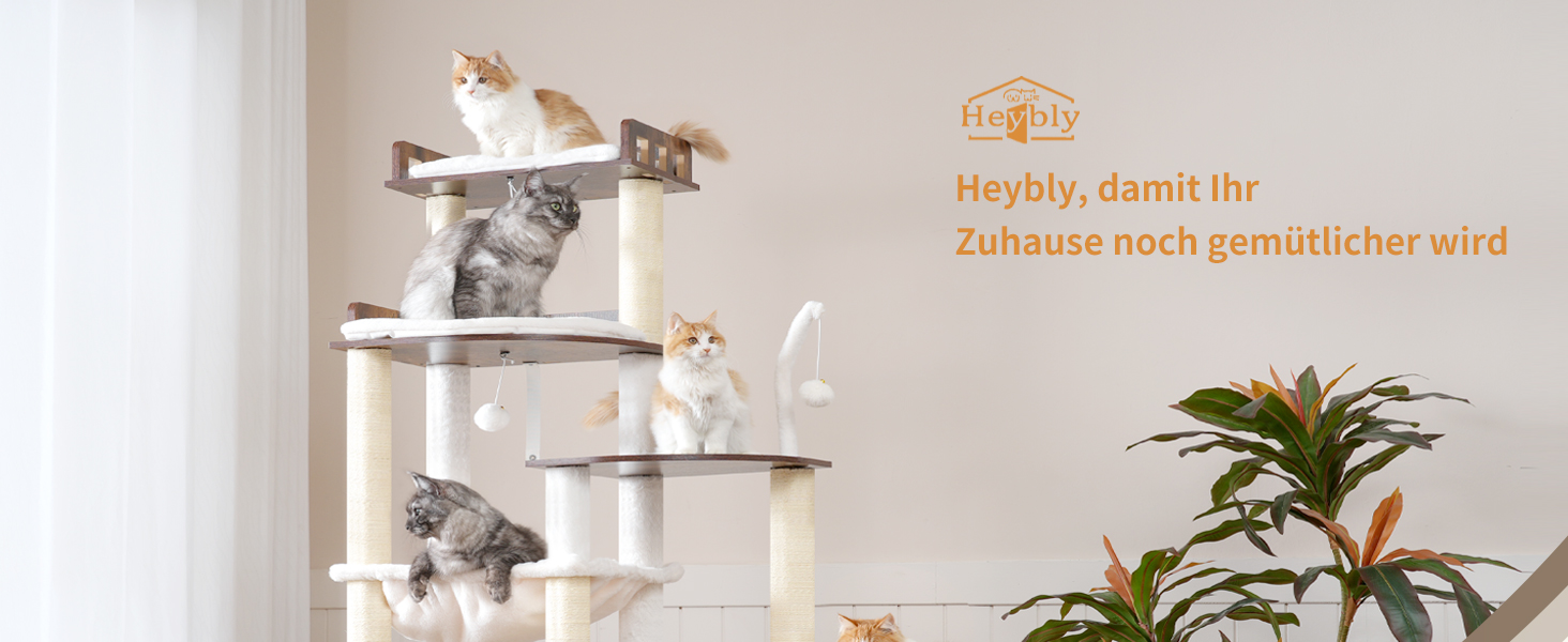 Дерев'яний котячий комплекс Heybly Kratzbaum HCT121WB (Vintage-Braun), 179 см, з будиночком, гамаком та сизалевими стовпчиками