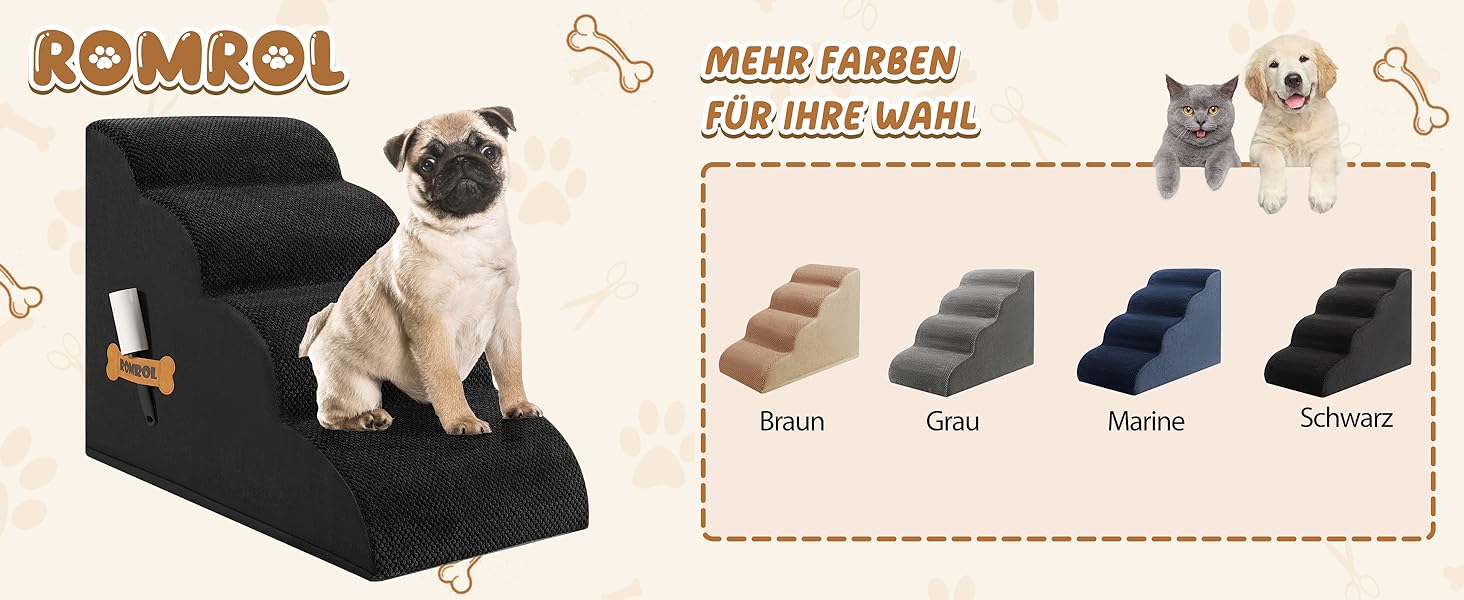 Сходинка для собак та котів Romrol – 4 сходинки, чорний колір, з неслизьким покриттям, з Memory Foam, для захисту суглобів