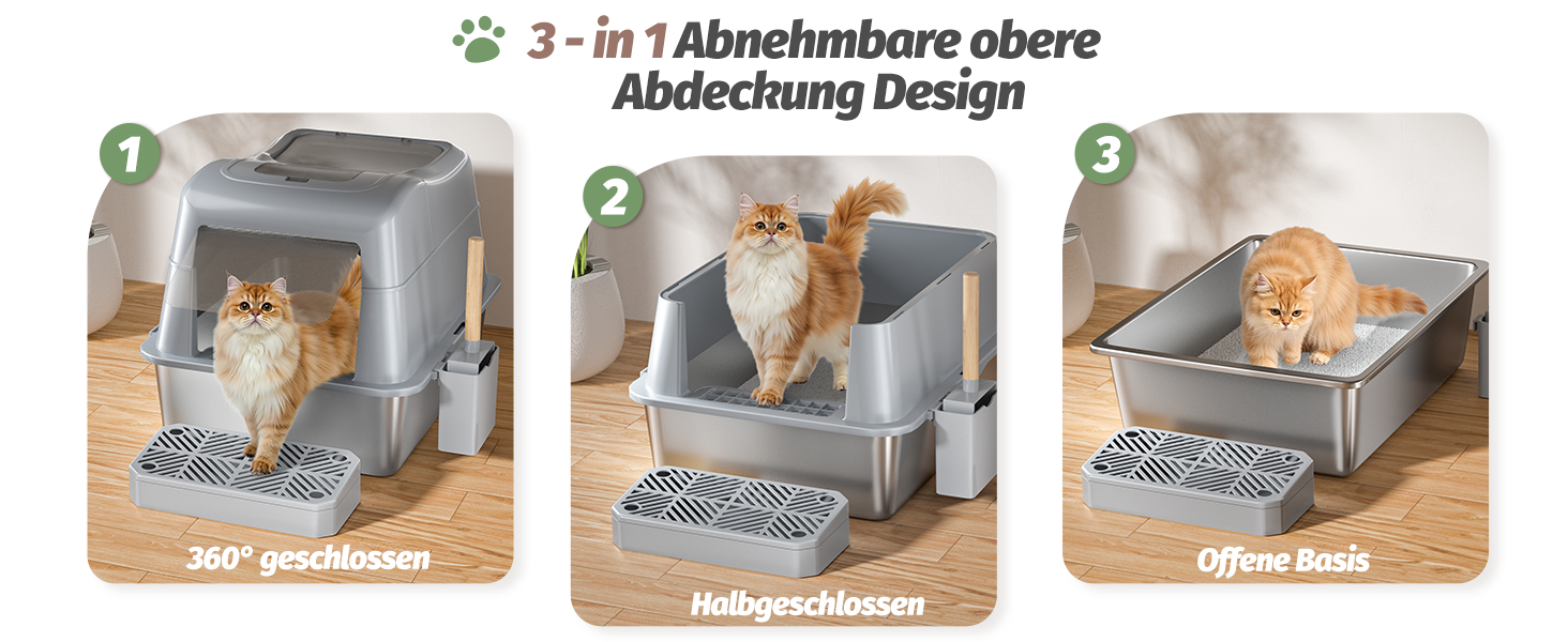 XXL Лоток для котів зі сталі з кришкою, 110° поворотна кришка, закритий лоток для котів, великий об'єм 40л з совочком та педальним механізмом, без запаху, захист від протікання та легке очищення, 60х42х44 см