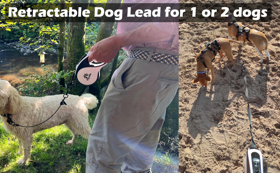 Висувна поводок для собак, 5 м, поводок-рулетка з ланцюгом, подвійний поводок для 2 собак, подовжений поводок для середніх та великих собак до 50 кг, білий та чорний, з пряжкою