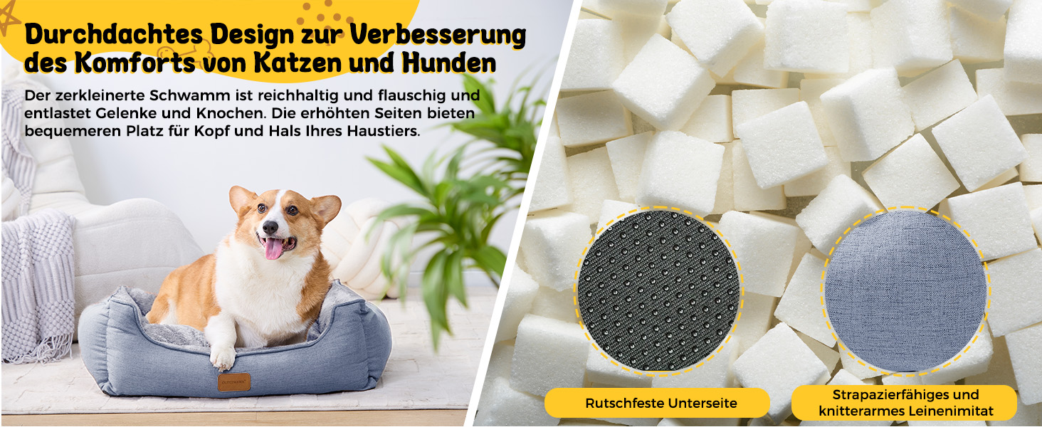 Ортопедичне ліжко для собак маленьких та середніх порід, 52x41x16 см, м'яке та зручне, кошик для собак з високим бортиком, знімний та пральний чохол, неслизьке, світло-сірий, для дому та авто