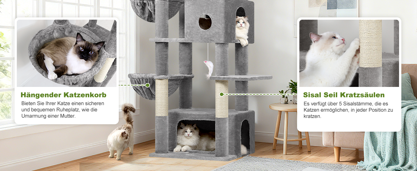 Драбина для котів Globlazer 204 см з 3 будиночками, 2 великими платформами, 3 м'якими кошиками, стабільна для 3-5 котів, для відпочинку, ігор та дряпання, сірий колір (XXL)