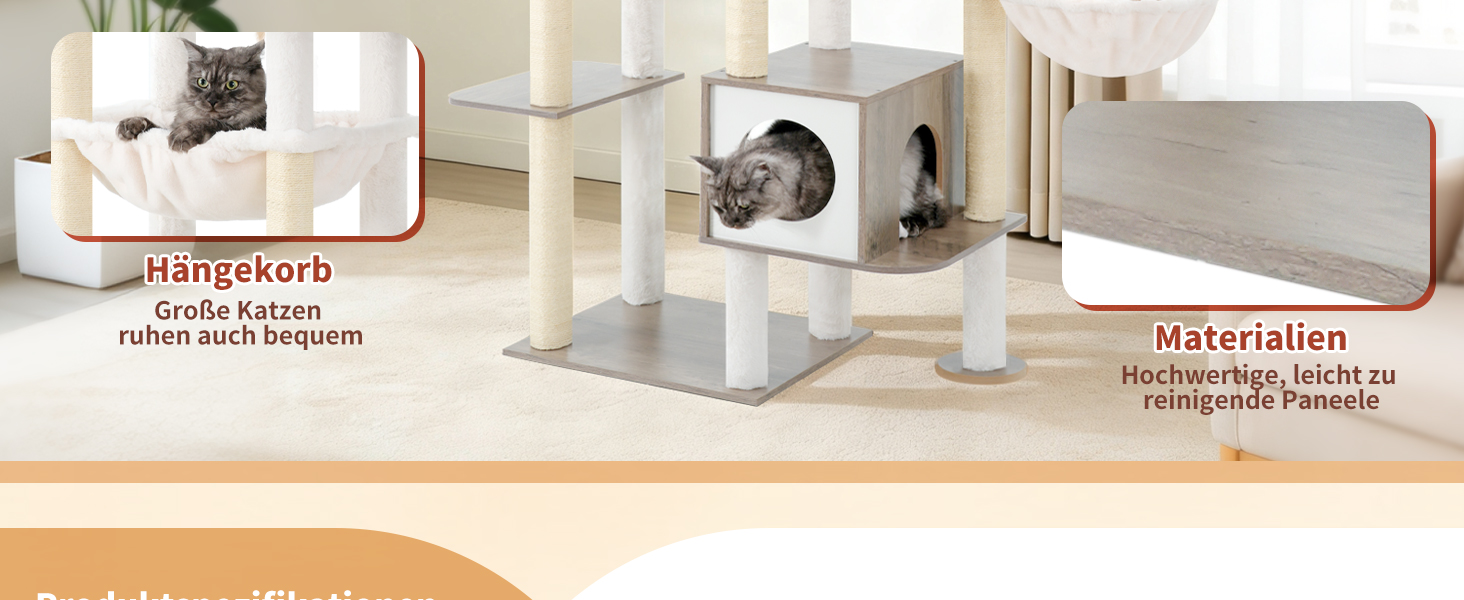 Дерев'яний когтеточка Heybly Kratzbaum 179 см з будиночком та гамаком, HCT121WB (Вінтаж-Сірий)