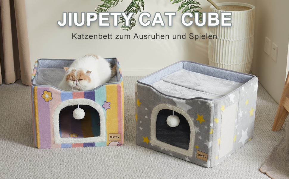 Складаний будиночок для котів Jiupety, двошаровий куб з великим простором, котяча лежанка на 2 коти з кігтеточкою та іграшкою, 44x44x36 см, райдужний дизайн, для дому