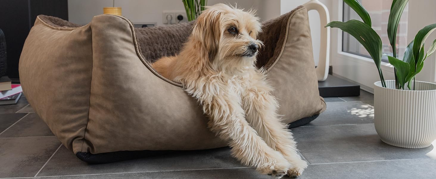 TrendPet VitaBed Style - Ортопедичне ліжко для собак, штучна шкіра зовні, м'яке всередині (80x70 см, Коричневе)