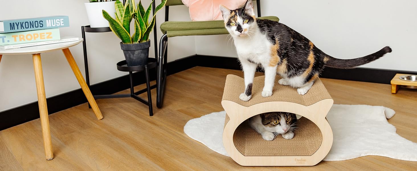 Котяче дряпальня | Дряпка з посиленої картонної конструкції | Натуральні дряпальні дошки | Міцні меблі для котів | 2в1 Дряпка-будиночок для котів | Якісний картон | Великий розмір (37 x 36 x 37 см, у формі кота)