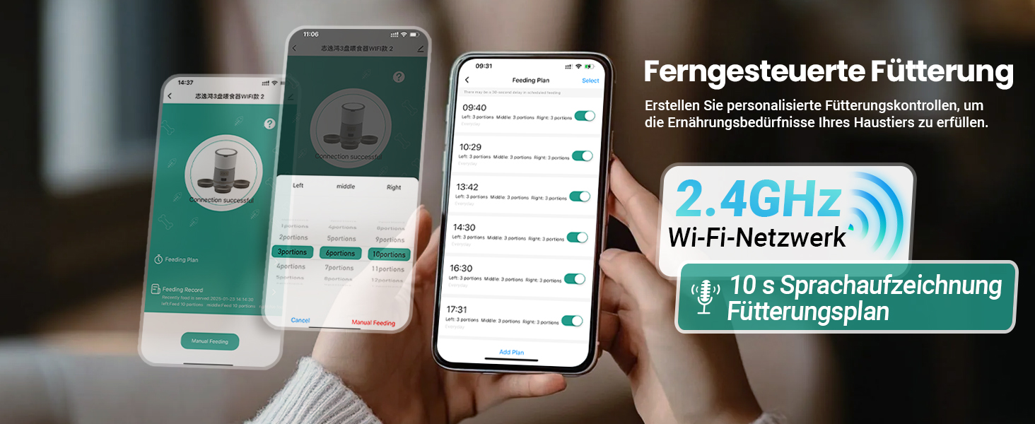 Автоматичний годівниця для котів з Wi-Fi та таймером, 6 л / 25 чашок, 3 миски, 3 пакети силікагелю, система проти застрягання, 2.4G Wi-Fi, запис голосу 10 секунд, чорний
