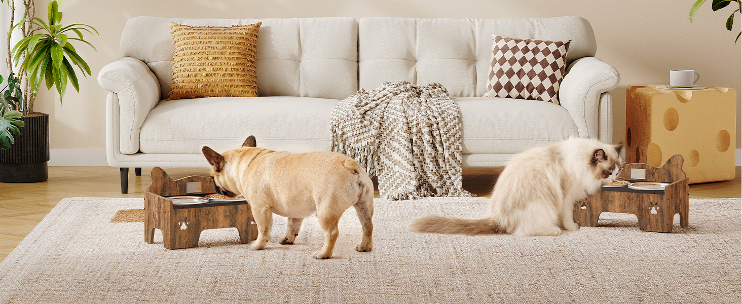 Підвищена годівниця для собак Hzuaneri з двома мисками, нержавіюча сталь, захист від бризок, антиковзаюча, безшумна, для малих та середніх собак, вінтажний коричневий, PB01601B