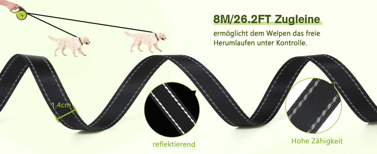 Рулетка для собак Pecute 8м, 50 кг, зелена - безперешкодна, з антиковзним грифом