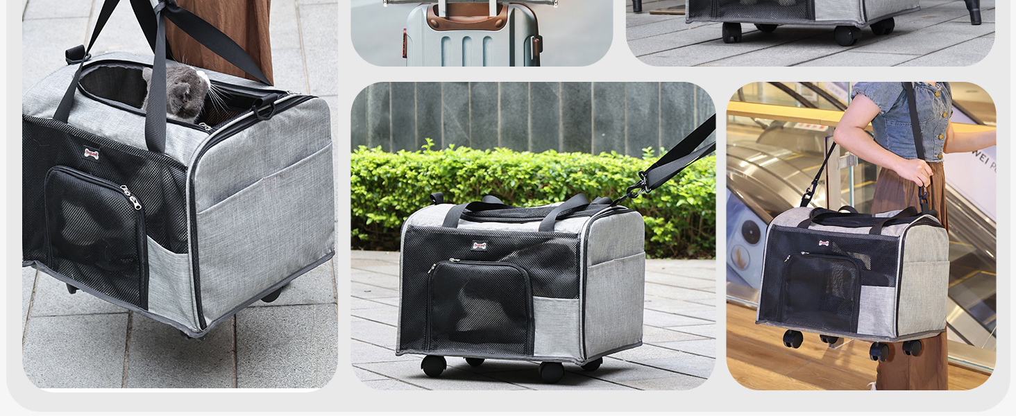 Транспортний бокс для котів та собак PETCUTE, складаний, з килимком, бічні кишені, з колесами, для подорожей та кемпінгу, сірий