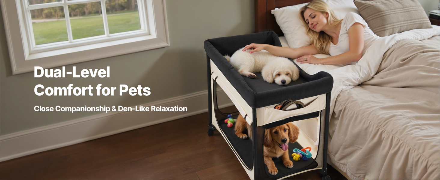 Підвищене ліжко для домашніх тварин VEVOR (XL), складне ліжко для собак з тканини 600D Oxford та голландського оксамиту, портативне дитяче ліжко з колесами та боковими кишенями, бежеве