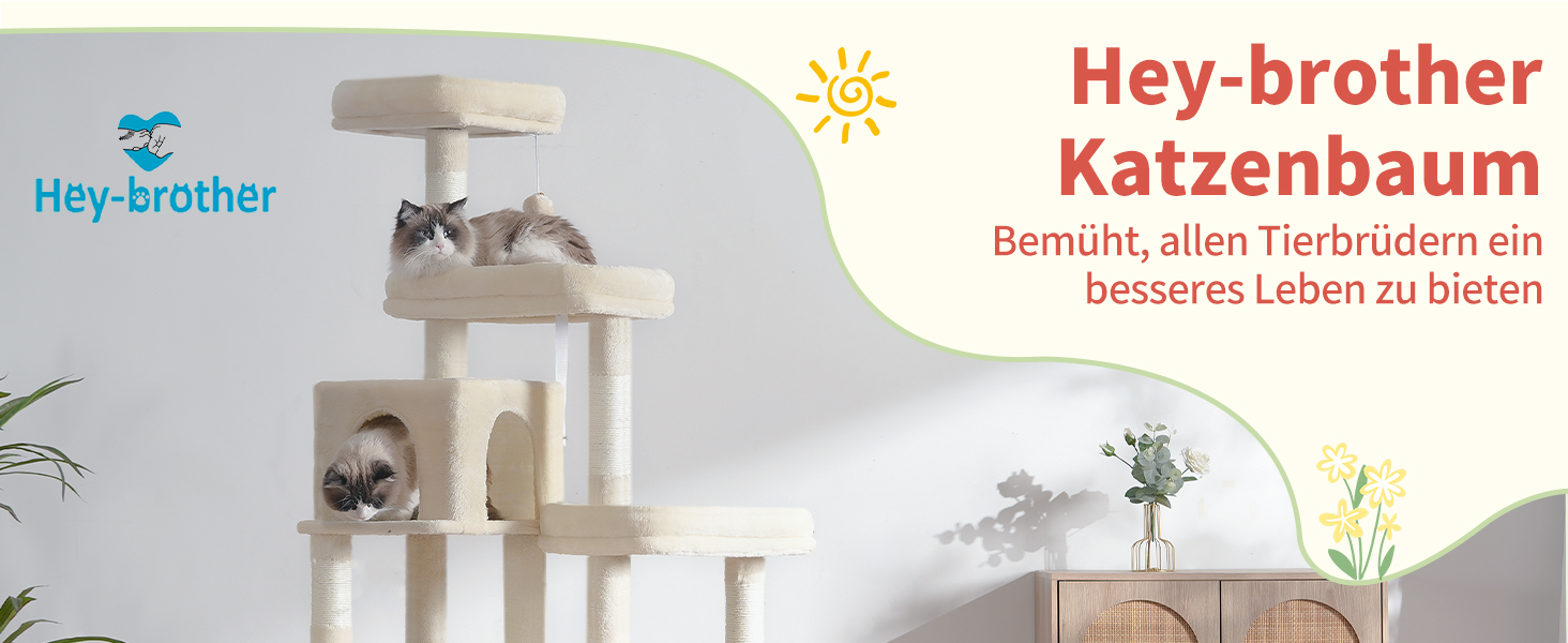 Котячий будиночок Hey-brother XXL для великих котів, 180 см, стабільний, з 3 платформами, 3 печерами та 2 котячими будиночками (Бежевий)