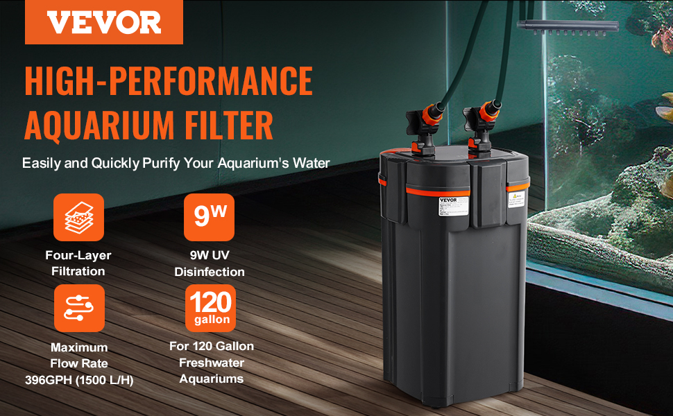 VEVOR Каністровий фільтр для акваріума 264GPH, 3-ступінчастий, ультратихий, з UV-захистом, 11 Вт, для акваріумів до 284 л