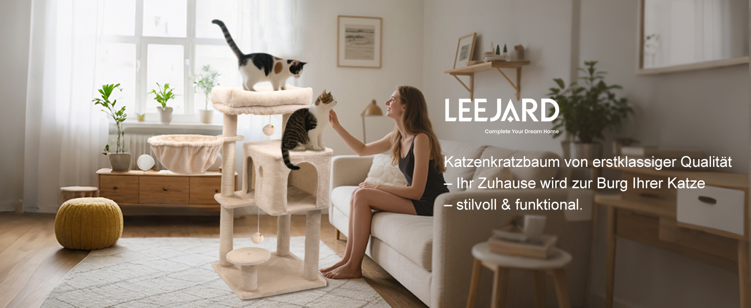 Котячий комплекс LEEJARD 95 см, із великими платформами, сизалевими стовпами, когтеточкою, будиночком, плюшевими іграшками та щіткою для великих котів, бежевий