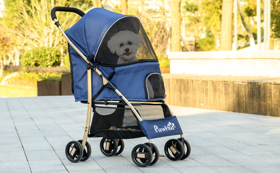 PawHut Buggy для собак, візок для тварин, складаний, з кошиком та гальмами, 80x44.5x97 см, темно-синій