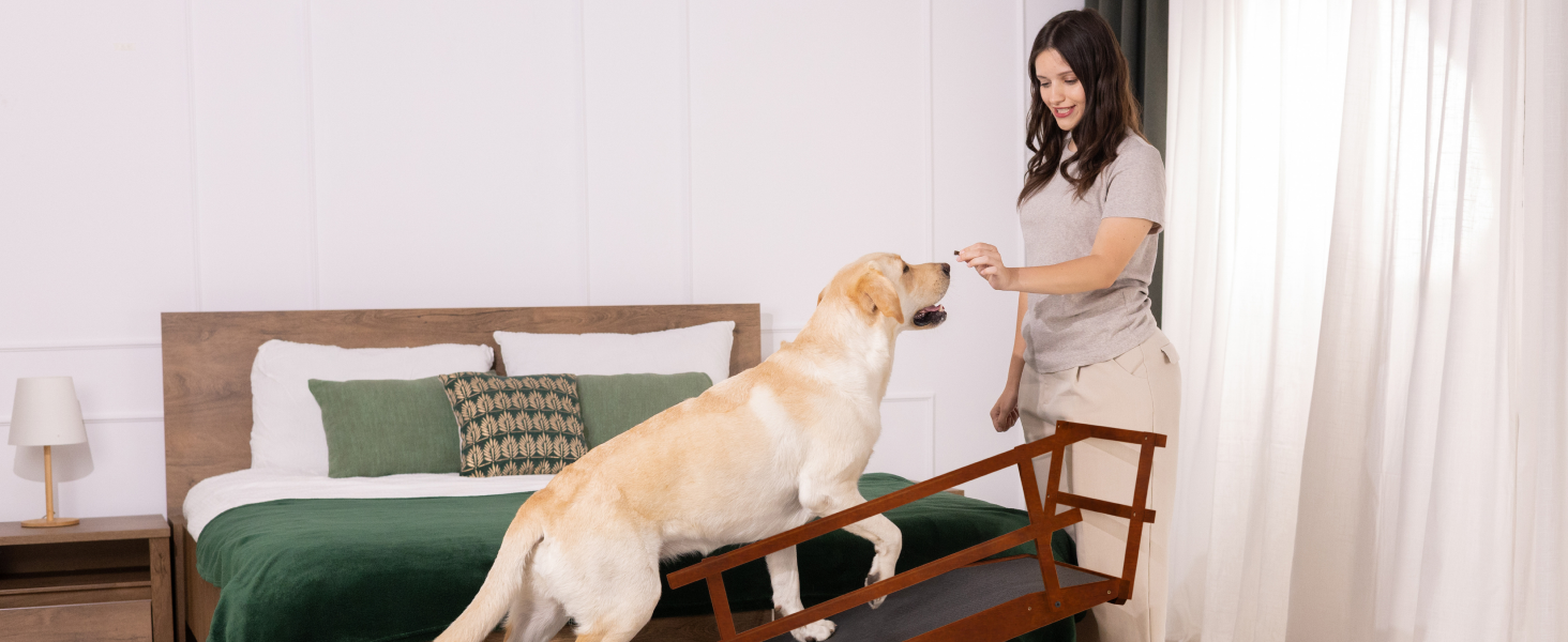 Східці для собак до ліжка з поручнями - для великих собак до 90 кг - регульована висота до 94.5 см - ширина 49,5 см - складані - антиковзні ручки - береза - натуральний колір (волоський горіх)