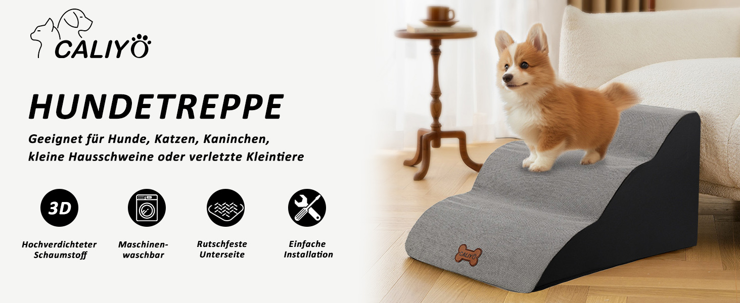 Сходинки для собак Caliyo, 2 сходинки, сірі. Для маленьких собак та котів, 26 см заввишки, з миючим покриттям та протиковзкою основою. Підходять для ліжка, дивану та автомобіля (55×40×26см)