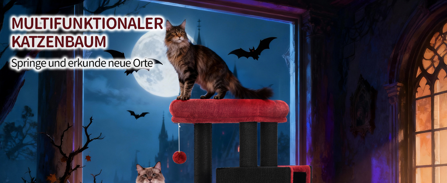 Дерево для кігтів Hzuaneri, 98 см, зі стійкою основою, з лежаком, будиночком для котів, сизалевими стовпчиками, кошиком та іграшками, меблі для котів, ігровий комплекс, MS07618LG (55 x 30 x 98 см, Чорний/Червоний)