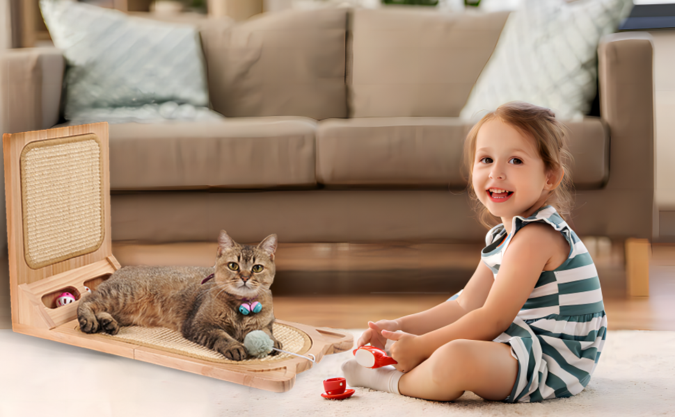 Котячий когтетоп MALOROY з масивного дерева, 58 см, L-подібний когтетоп з картону, стійкий, з іграшкою-м'ячиком, для стіни та кута