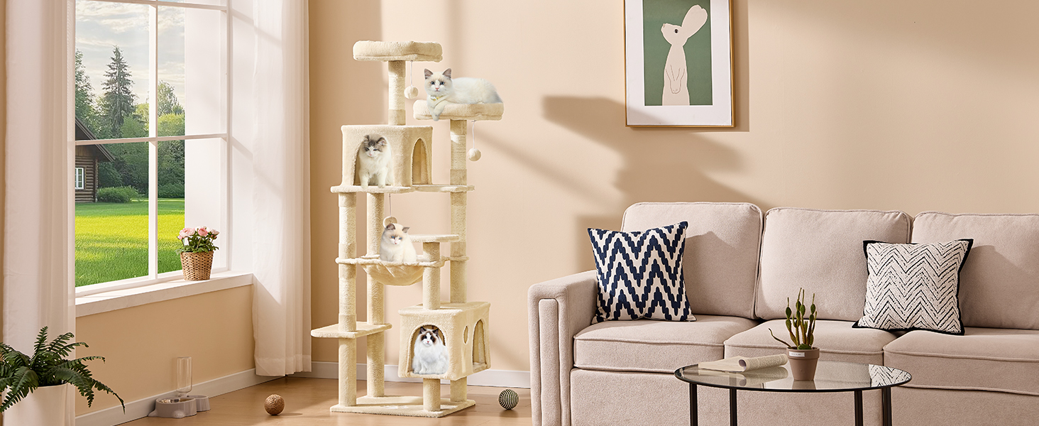 Кігтеточка для котів MSmask велика, стабільна, багатоярусна з 2 платформами, 2 будиночками, гамаком та сизалевими стовпчиками (Бежевий, 160 см)