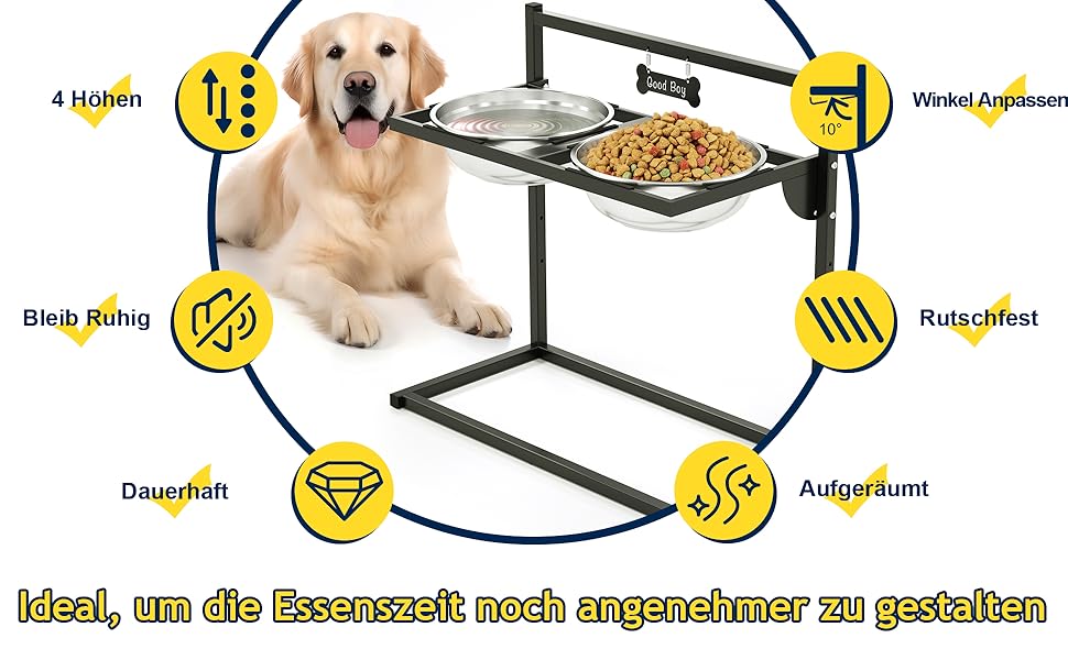 Підвищена годівниця для собак Eaninaz з регулюванням висоти, нахил 10°, 2 нержавіючі миски (1,5 x 2) та безпечна килимок, стабільний підставник для миски (XL)