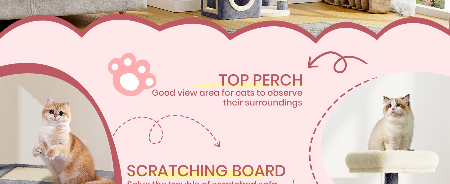 Кігтеточка для котів Dogat 107 см: багатоярусна, з будиночком, лежаком та ігровими елементами (сірий/бежевий)