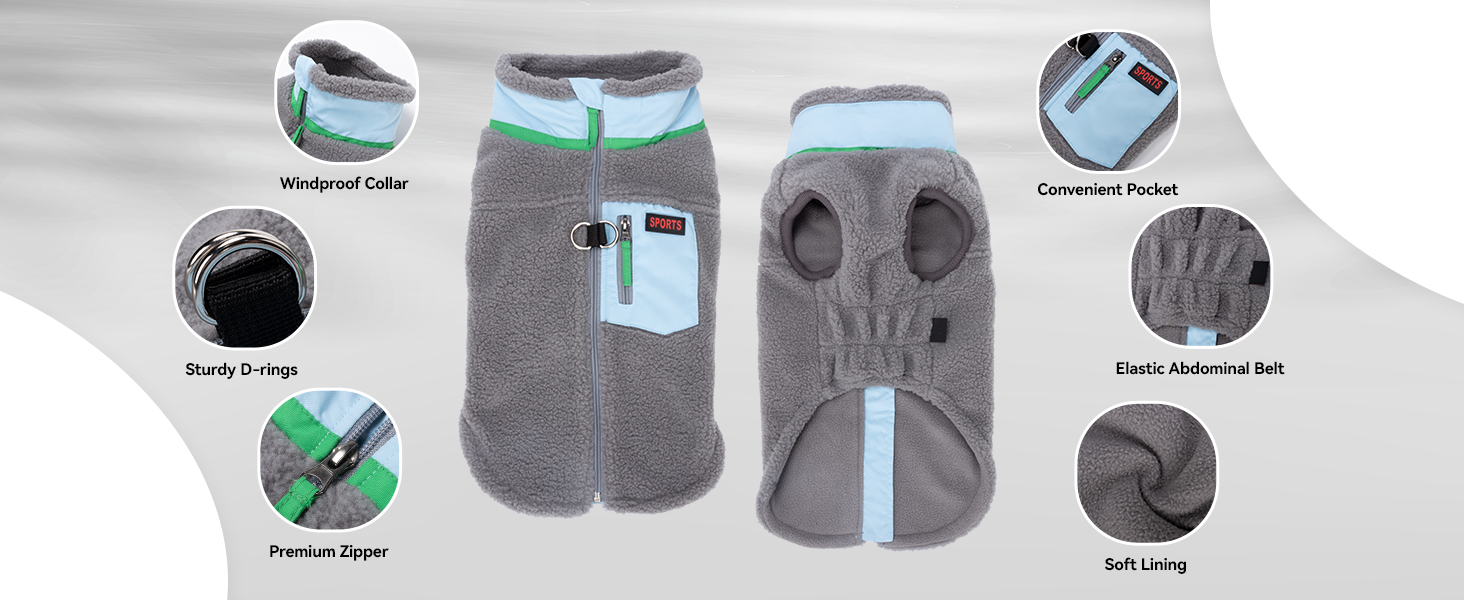 Зимова куртка для собак FeiaX Ware з флісу, тепла жилетка для собак з кільцем D, одяг для собак, варіація для маленьких та середніх собак (Сірий, L)