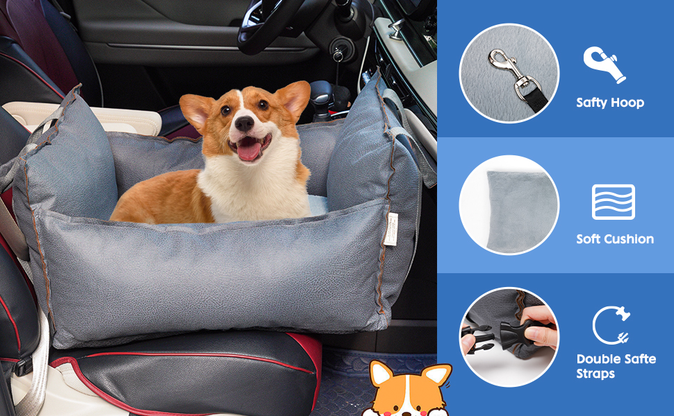 Автокрісло для собак 2-в-1 з ременем безпеки, автокрісло та ліжко для собак, знімний килимок та чохол, миється, для собак маленьких та середніх порід, сірий & блакитний