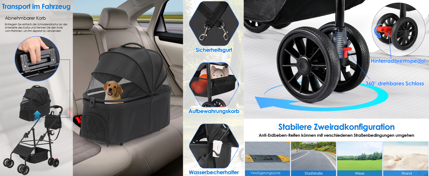 Візок для собак Mamizо 3-в-1, до 30 кг, з сумкою, поворотні колеса, для собак та котів, сірий