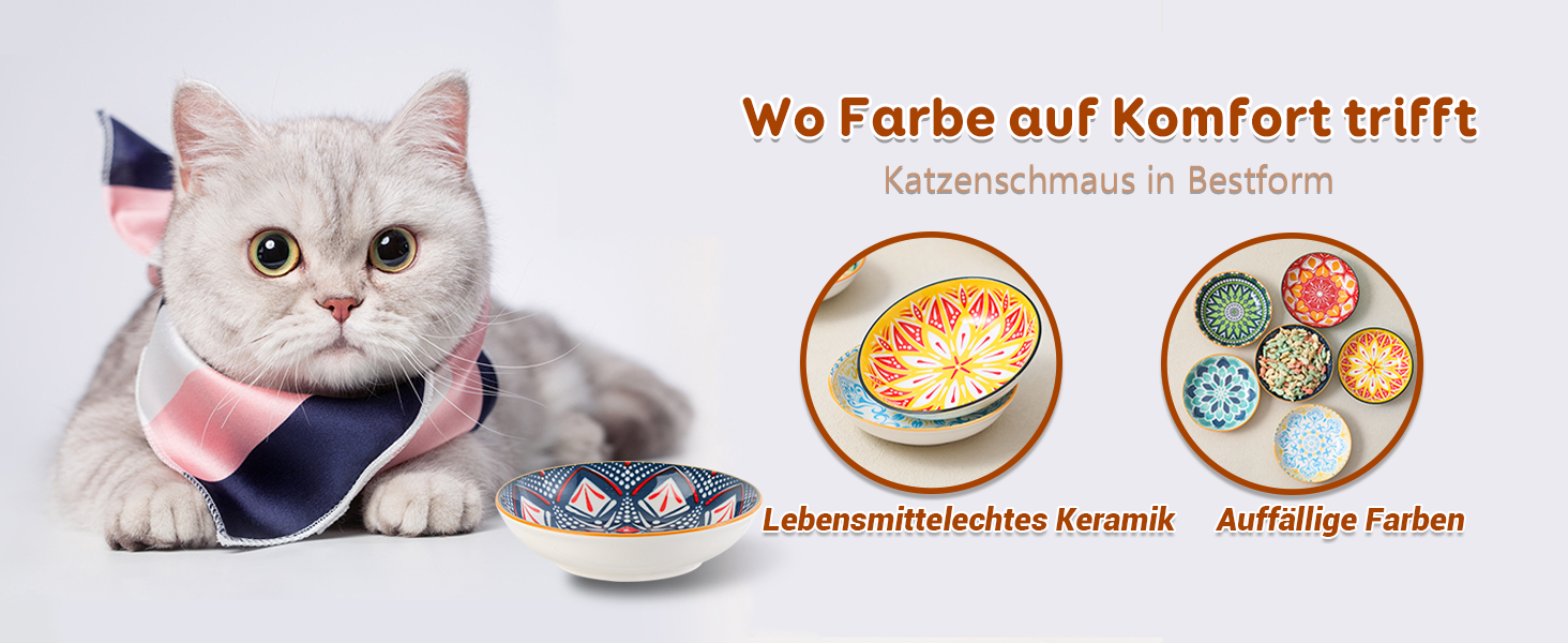 Набори мисок для котів з кераміки Katzennäpfe - 6 шт. - 250 мл - для корму - кольорові - широкі, плоскі, зручні для котів - можна мити в посудомийній машині