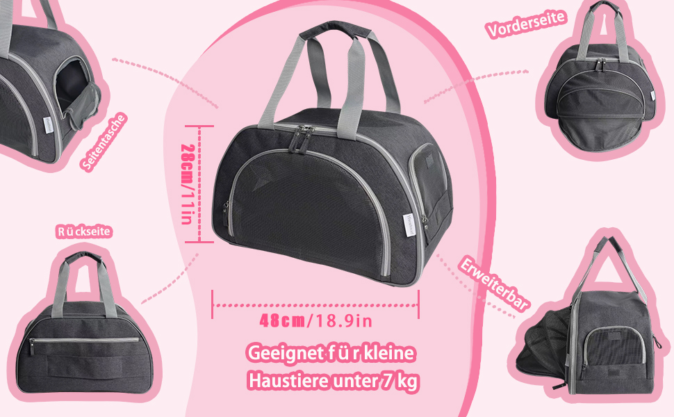 Розширювана переноска для котів – складана переноска для котів та маленьких собак до 6 кг, легка переноска, сумка для транспортування, дихаюча та компактна переноска, сірого кольору