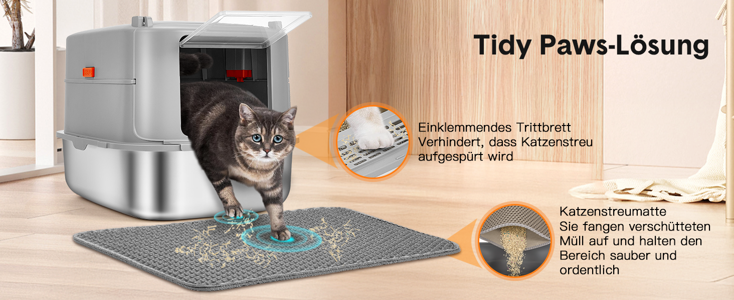 Котячий туалет Papettly з нержавіючої сталі з кришкою XXL, 30 л, високий знімний борт, килимок для туалету, легке очищення, 58x42x40 см