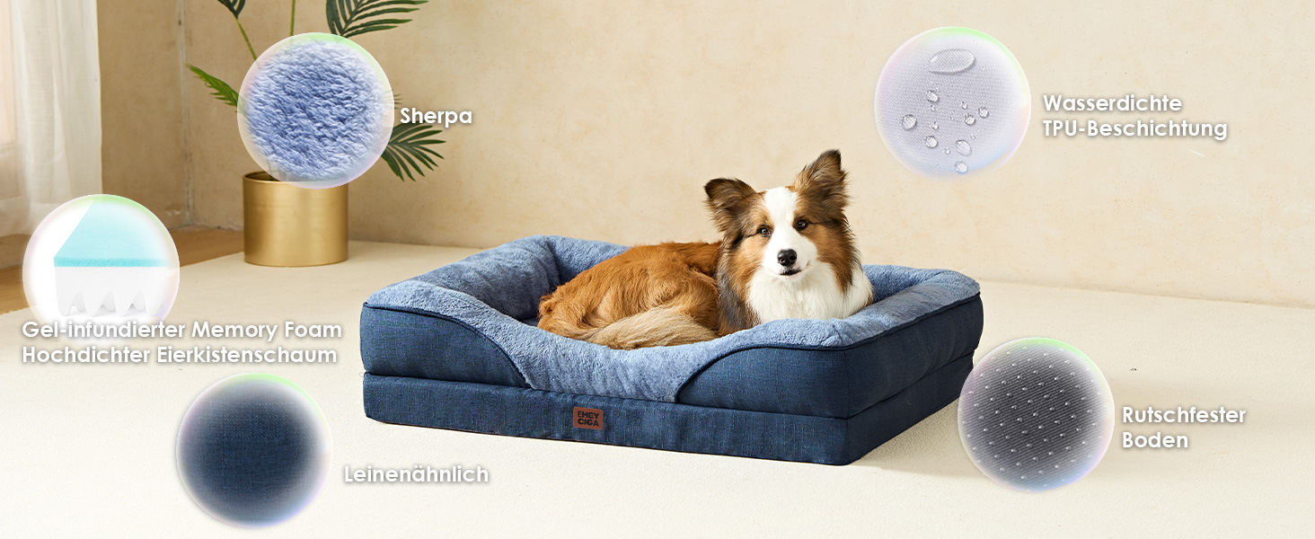 Ортопедичне ліжко для собак середніх порід, 91x68x17.5 см, з Memory Foam, миється та водонепроникне, кошик для собак з 4 бортиками, диванчик для собак, антиковзаюче, (106 x 76 x 18.5 см, Морська синя)