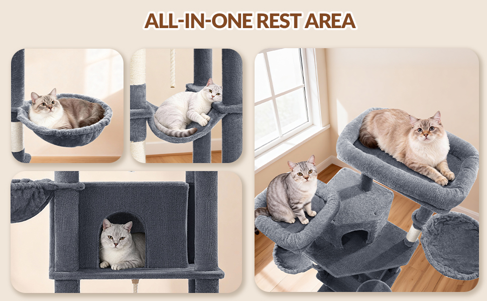 Драбина для котів Kratzbaum Groß 216 см, XXL розмір, стабільна з крізьолунами, 2 затишні будиночки, 2 платформи, 2 кошики, гамак, для дому, FPMS007FG1 (60 x 50 x 216 см, темно-сірий)