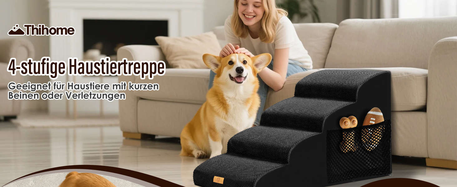 Сходинки для собак, 4 сходинки, знімний поручень, антиковзка поверхня, для ліжка та дивану, з високощільним губчастим наповнювачем (Чорний)