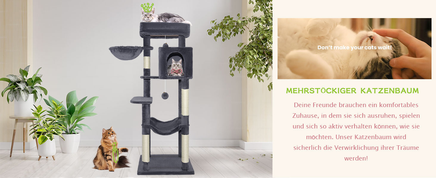 Котячий комплекс LEEJARD XXL: великий дерев'яний будиночок для котів з платформами, когтеточками, будиночком, гамаком, іграшками та захистом від перекидання (148 см, темно-сірий)