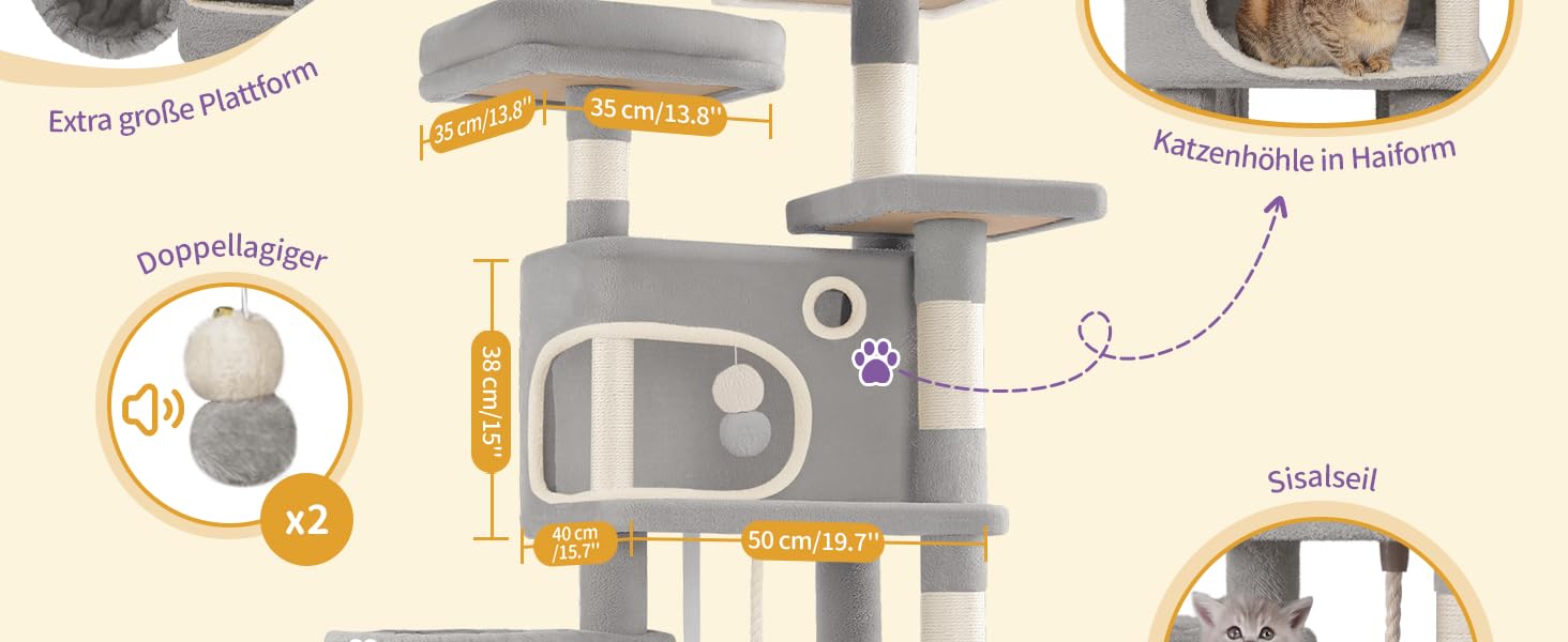 Кігтеточка для котів Hzuaneri, 159 см, з 8 стовпчиками, 3 платформами, 2 ховалами, корзиною, плюшевими кульками, мотузкою з сизалю, підходить для котів різних розмірів, MS15918LG (XL, світло-сірий)