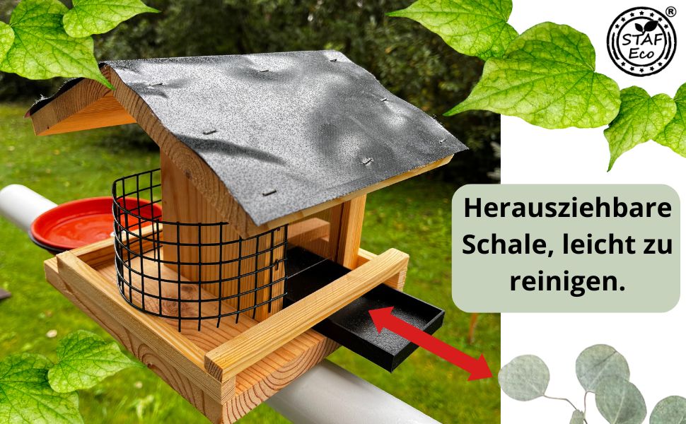 Годівниця для птахів на балкон Vogelfutterhaus, дерев'яна, ручна робота, з кріпленням 30–60 мм, для садових і диких птахів, натуральна, водостійка