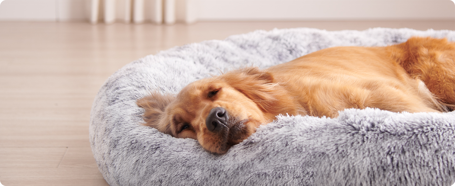 Кругле ліжко для собак та котів Feandrea з м'яким плюшем, діаметр 120 см, світло-сірий колір, знімний наповнювач, PGW043G01