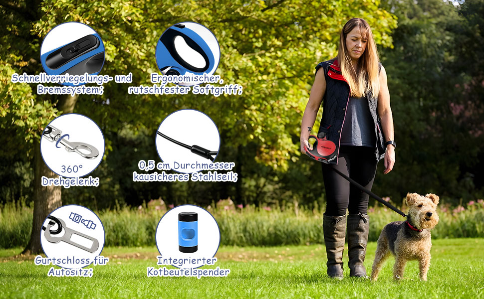 Висувна поводок для собак VTOPVMAX - для середніх та великих собак до 50 кг | Міцний поводок з безпечним кабелем, дозатор для відходів та гальмо однією рукою (Білий) Білий (8 м, Синій)