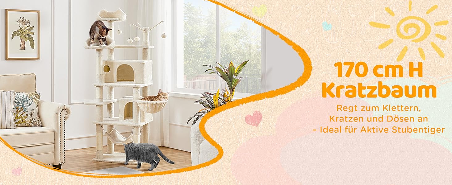 Котячий будиночок Yaheetech 170 см XL: кігтеточка, ліжко, гамак, іграшки, бежевий