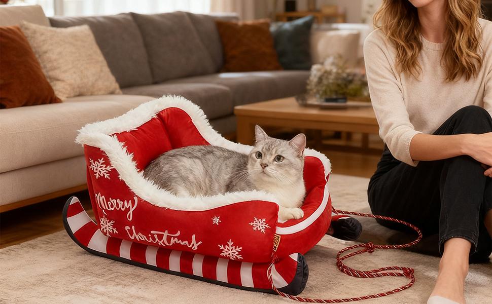 Ліжко для собак та котів у вигляді санної, плюшеве, 50/65/81 см. Тепле, зручне, з антиковзним килимком. Підходить для собак, кошенят та цуценят.