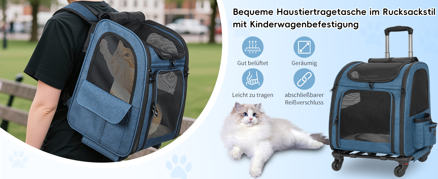 OUUTMEE Сумка-переноска для тварин, знімний чохол на колесах, ідеальна для котів та маленьких собак, багатофункціональний рюкзак, сумка-рюкзак 4-в-1, дихаюча (блакитна)