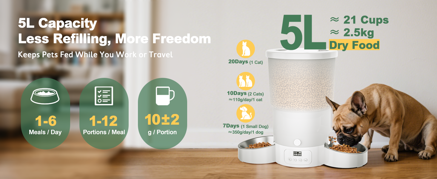 Автоматичний годівниця для котів та собак Gimars 5L з LCD-дисплеєм, 2 миски, програмування, 1-6 прийомів їжі, голосовий запис, білий колір