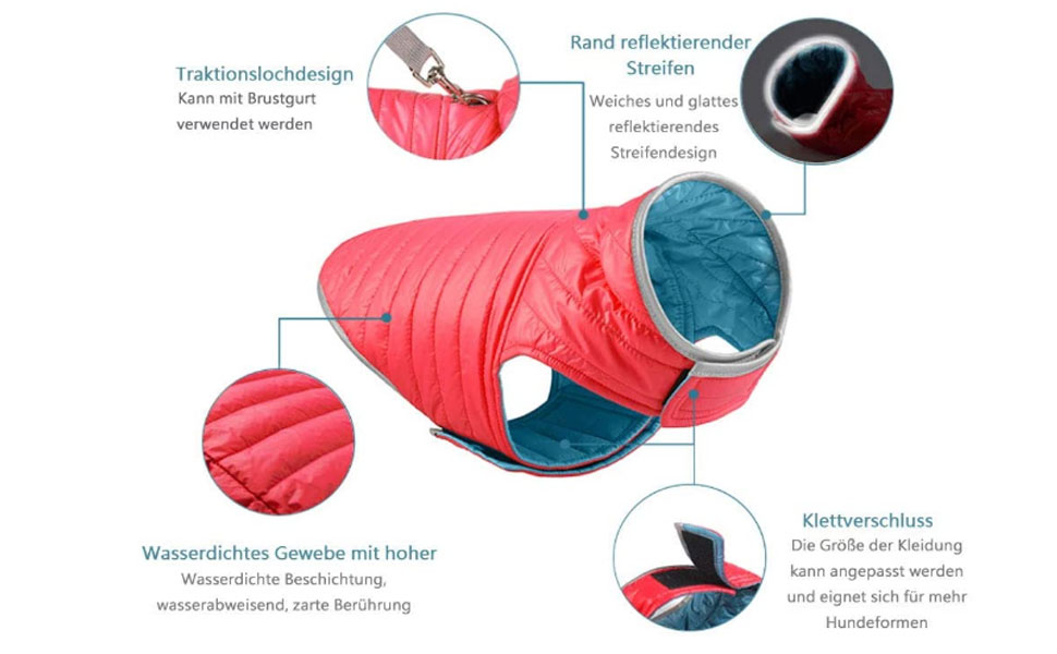 Зимова куртка для собак - тепла, водонепроникна жилетка з наповнювачем, світловідбиваюча, для осені/зими (XL, червоний + синій)