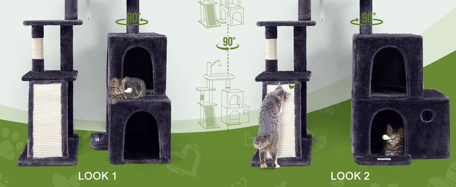 Дерево для котів Globlazer з міцною основою, 2 будиночки, поворотний на 90°, платформа з м'яким покриттям, когтеточка з сизалю, іграшки для котів, велике дерево для котів, дорослих котів та кошенят (XL, темно-сірий)