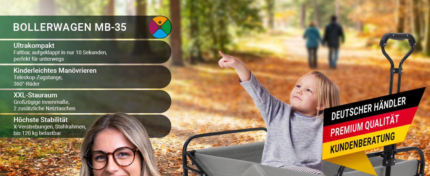 Складаний візок Miweba MB-35 | Вантажопідйомність 120 кг - для дітей, саду, пляжу | Чорний/Темно-сірий