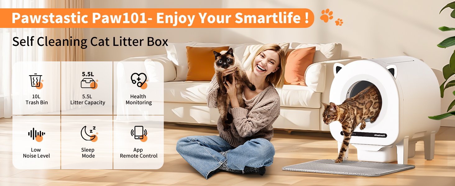Автоматичний лоток для котів 68л з самоочищенням, з APP-керуванням, захистом та нейтралізатором запаху, з килимком та 2 рулонами сміттєвих пакетів, для кількох котів