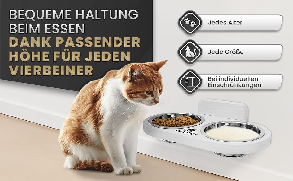 Підвищений годівниця для котів VAYPET® з силіконовим клеєм для кріплення на стіну без свердління. Плавучий годівниця для котів для зручного положення. Надійний годівниця з нержавіючої сталі білого кольору.